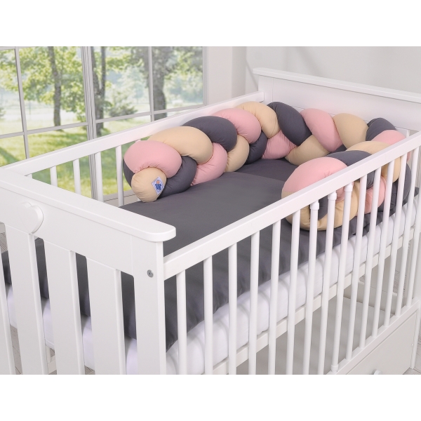 Tour de Lit Tressé 180 cm Beige Anthracite Rose Poussiéreux
