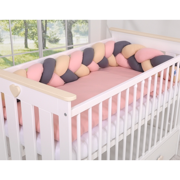 Tour de Lit Tressé 180 cm Beige Anthracite Rose Poussiéreux