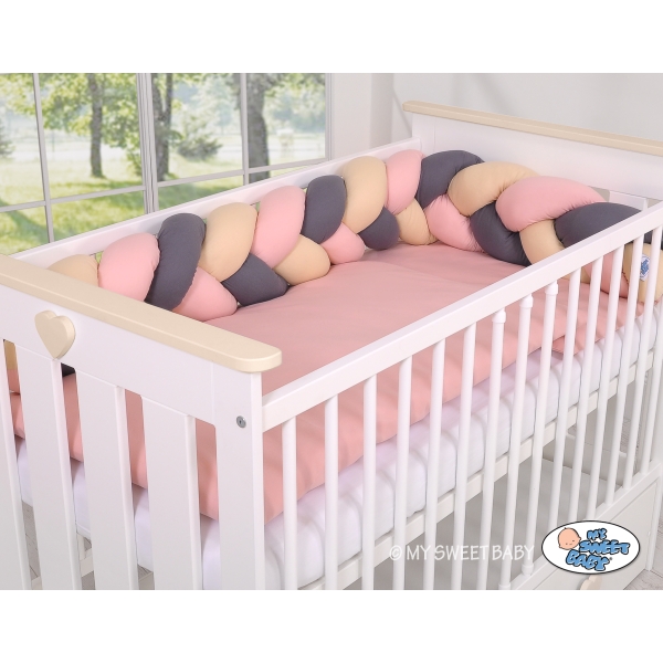Tour de Lit Tressé 180 cm Beige Anthracite Rose Poussiéreux