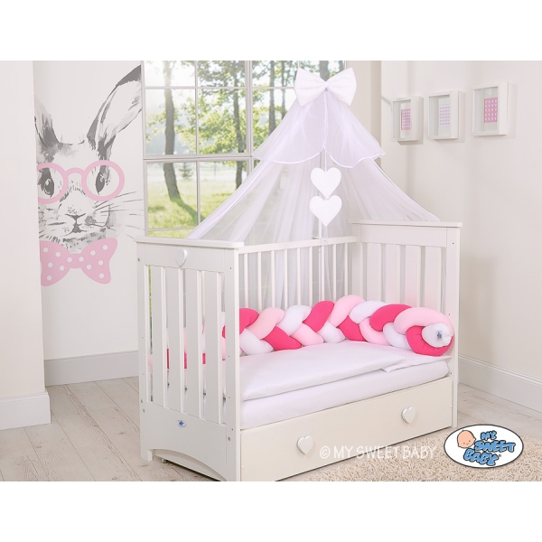 Tour de Lit Tressé Pare Chocs Rose Rose Blanc