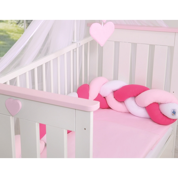 Tour de Lit Tressé Pare Chocs Rose Rose Blanc
