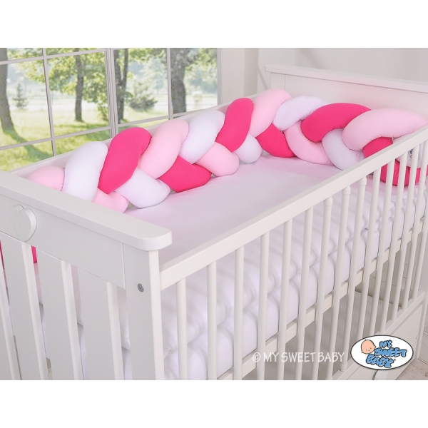 Tour de Lit Tressé Pare Chocs Rose Rose Blanc
