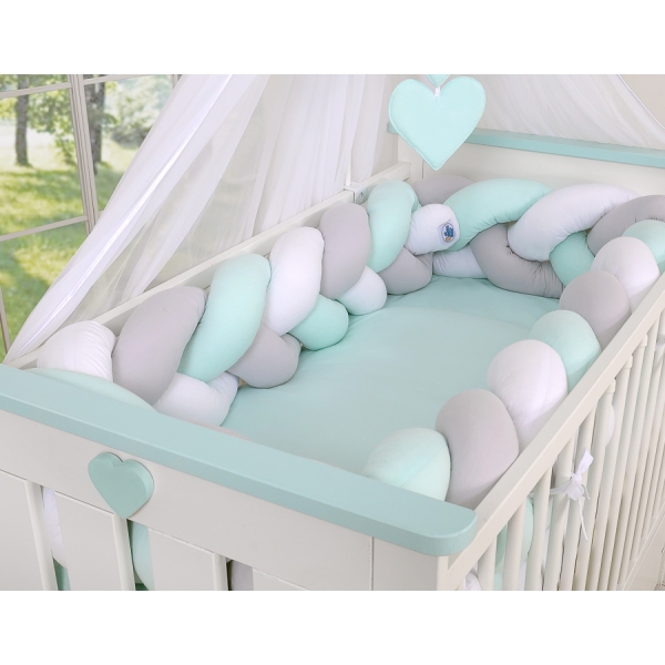 Tour de Lit Tressé pour Bébé 3,6m Menthe Blanc Gris