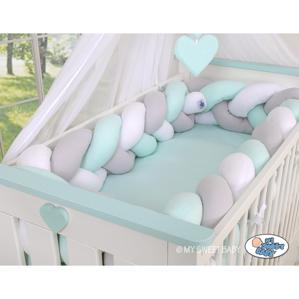 Tour de Lit Tressé pour Bébé 3,6m Menthe Blanc Gris